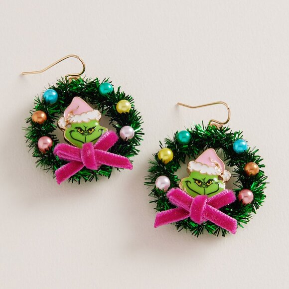Holiday Grinch Wreath Dangle Earrings - Picture 1 of 4